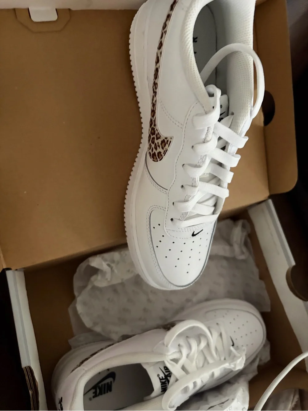 Nike Kids White Sneakers with Leopard Print Swoosh